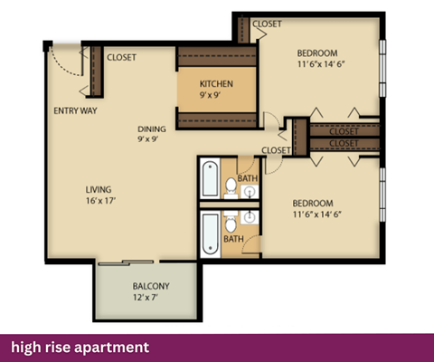 Floor plan for 2 beds, 2 baths, 1110 sqft
